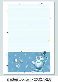 Snowman Notes. Weekly page. Planning. Childrens notepad note page design with funny character on sled.Winter page for entries. Design for childrens planning, organizer, notebook. Vector illustration.