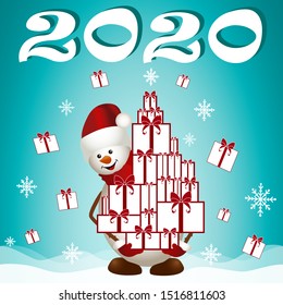 Snowman with numbers 2020. New Year 2020. A snowman on an advertising banner. Christmas background. Christmas card. Christmas and New Year. Text New Year 2020. 