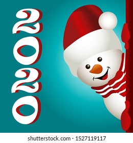 Snowman with numbers 2020. New Year 2020. A snowman on an advertising banner. Christmas background.  Christmas and New Year. Text New Year 2020. 