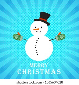 Snowman on abstract blue background. Vector illustration. Happy New Year background.