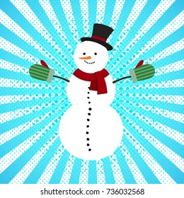 Snowman on abstract blue background. Vector illustration. Happy New Year background.