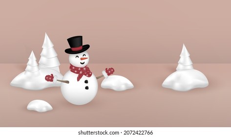 Snowman on the background of decorative snowdrifts and Christmas trees.Vector illustration for advertising.3D