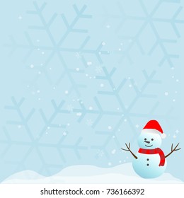 Snowman on background of snowflake. Outdoor winter scenery. Vector illustration.