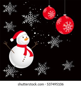 Snowman on a black background with red Christmas balls