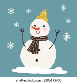 Snowman on Blue Background. Flat Design Style.