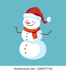 Snowman on blue background, in scarf and hat. Icon for website, application on greetings, holidays. Clipart for Christmas card. Vector flat illustration, cartoon style.