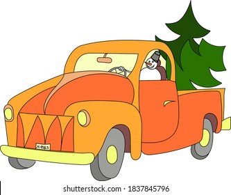 Snowman on car with Christmas trees