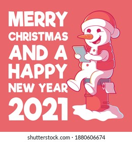 Snowman on a chimney vector illustration. Christmas, holiday, funny design concept.