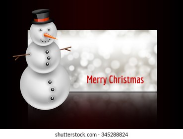 Snowman on the christmas greeting card. Abstract bokeh background. Vector design elements.