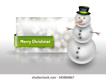 Snowman on the christmas greeting card. Abstract bokeh background. Vector design elements.