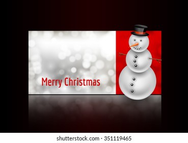 Snowman on the christmas greeting card. Abstract bokeh background. Vector design elements.
