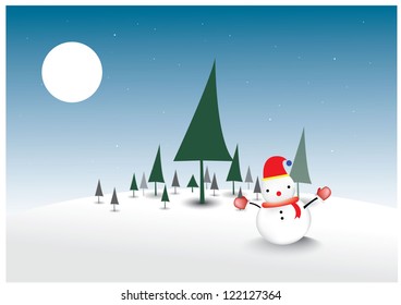 Snowman on Christmas tree background