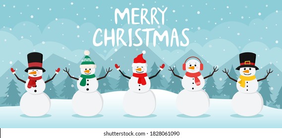 Snowman on christmas winter background. Cute characters snowmans collection in scarf and hat for holiday xmas and new year. Vector illustration.