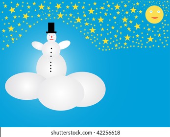 snowman on clouds with blue  sky and stars