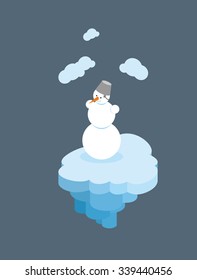 Snowman on  floating island. Christmas character on  piece of  iceberg. Snow man on an ice floe.
