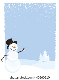 Snowman on Framed Border Design with Snow, Hills, and Flakes falling from top