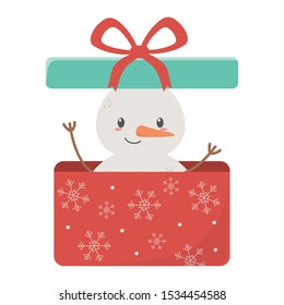 snowman on gift box surprise celebration merry christmas vector illustration