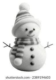 snowman on hat with scarf isolated on white background winter season retro grunge halftone dotted texture vintage magazine style cutout collage element for mixed media design pop art crazy cute object