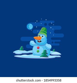 Snowman on a hay island among the trees. At night, under the moonlight, twinkling stars and snowflakes, it celebrates Christmas and New Year. Cartoon character in flat style. Vector illustration.