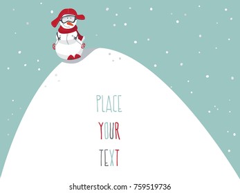 Snowman on a high hill, in a warm hat and a scarf, on a ski. Vacations and fan, winter rest, snowy day. Place for your text. Vector illustration.