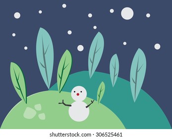 Snowman on the hill ; flat vector design