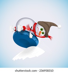 Snowman on an inflatable balloon takes off on the springboard. Winter fun. Vector illustration.