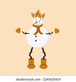 A snowman on long legs made of branches in felt boots, gloves, scarf with hair autumn leaf on orange background with copy space. Website banner. Christmas postcard. 