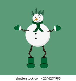 A snowman on long legs made of branches in felt boots, gloves, scarf with christmas tree hair on green background with copy space. Website banner. Christmas postcard. 