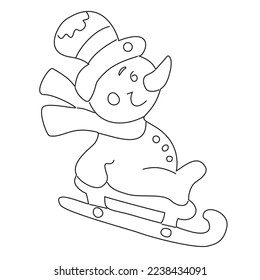 Snowman on a New Year's sleigh.  Christmas coloring for children.  Children's coloring.  Snow period.  Christmas story.  The holiday is ticking.  Unique vector illustration.