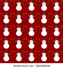 Snowman on red background. Christmas background, seamless pattern for Christmas.