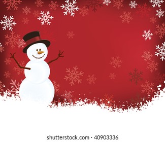 Snowman on Red Background with Snowflakes Falling around Border