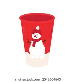 Snowman on a red cup. Vector illustration on white background. Christmas hot drink