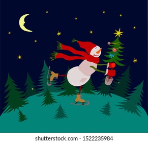 Snowman on skates is hurrying in the night forest to give someone a Christmas tree. Vector. 