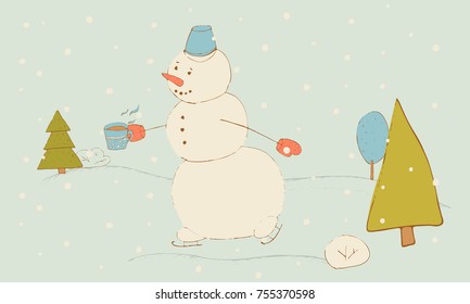 Snowman on skates with a mug. Card, banner, winter greetings.