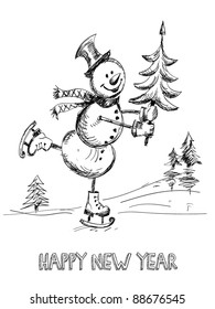 Snowman on skates with a tree    hand drawn,