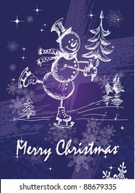 Snowman on skates with a tree    ,hand drawn, New Year, Christmas