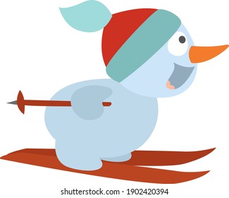 Hombre de nieve sobre esquí, ilustración, vector sobre fondo blanco.