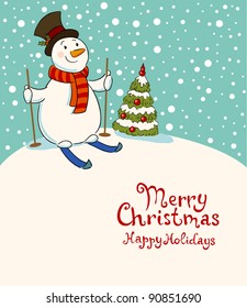 The snowman on skis,  Christmas card