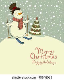 The snowman on skis, cozy retro Christmas card