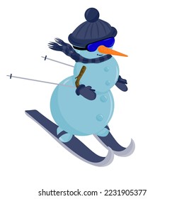 snowman on skis, drawing, vector illustration