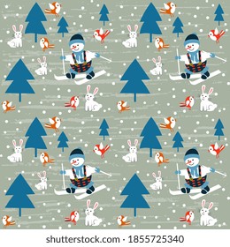 Snowman on skis, hares, birds are having fun in the forest. Seamless vector baby wallpaper, textile design, textured.