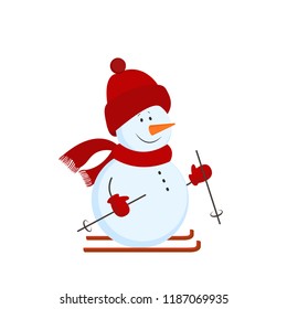 Snowman on skis in a knitted hat in flat style. Vector christmas illustration isolated on white for invitations and post card
