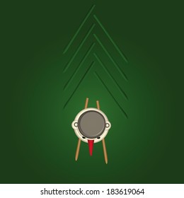 Snowman on skis made herringbone tracks. Vector illustration.