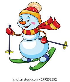 snowman on skis, vector illustration on white background