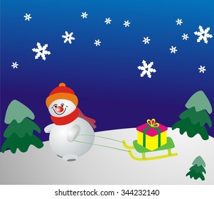 Snowman on a sled driven by a gift. Snowman with a gift. Vector illustration.