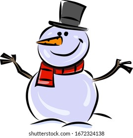 Snowman on snow, illustration, vector on white background.