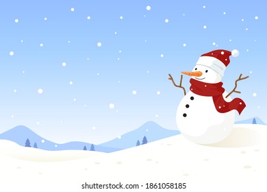 Snowman On Snow Landscape Snow Fall Stock Vector (royalty Free) 1861058185