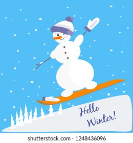 Snowman on a snowboard. Vector illustration.