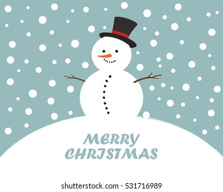 Snowman on snowy landscape in christmas night. Christmas snowman. Vector illustration.