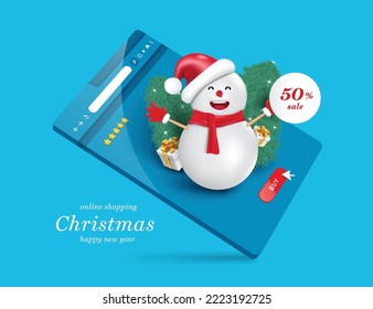 Snowman on a web browser holding a circular sign with a 50% off sale, behind him there is a pine tree or Christmas tree and a gift box,vector 3d for online shopping promotion christmas concept